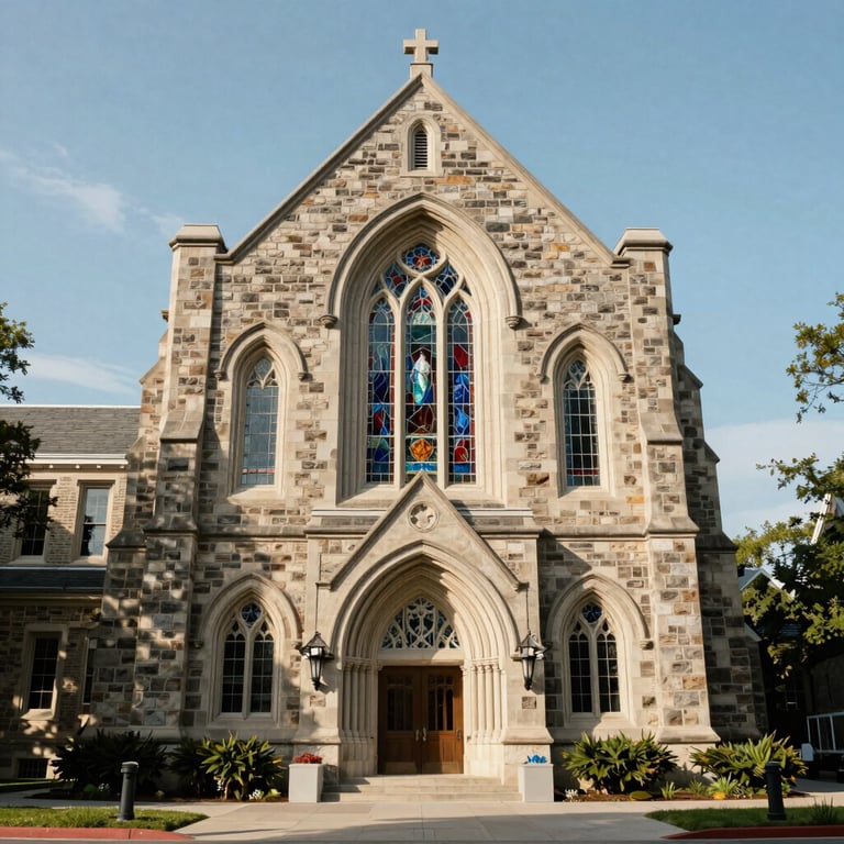 A traditional North American / US campus chapel with stone architecture and stained glass windows during a bright day.