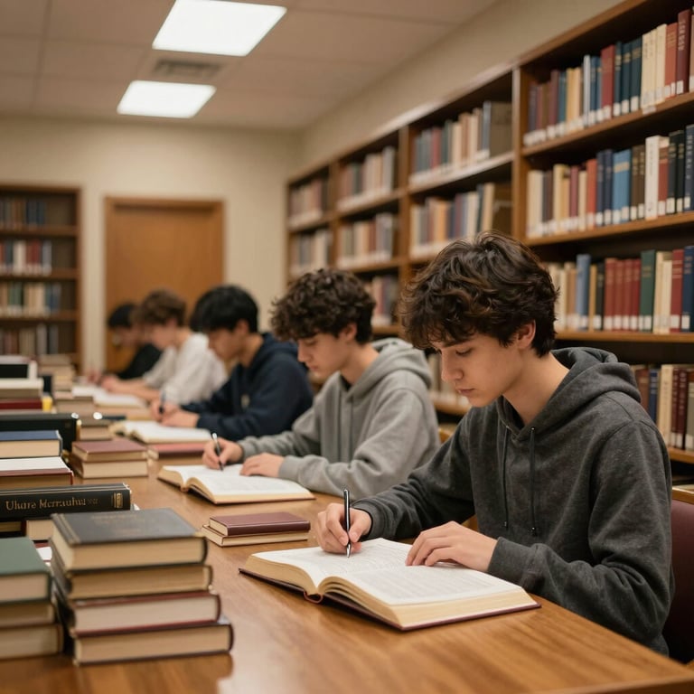 A quiet, traditional campus library with students focused on theological texts, warm wood accents, North American / US.