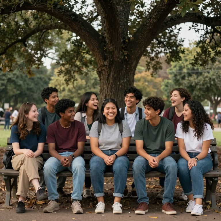A diverse group of North American / US students laughing together on a park bench under a large oak tree.