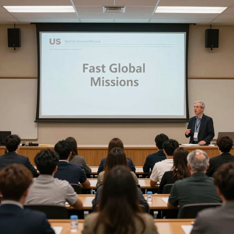 A professional lecture hall in a North American / US college where a guest speaker is discussing global missions.