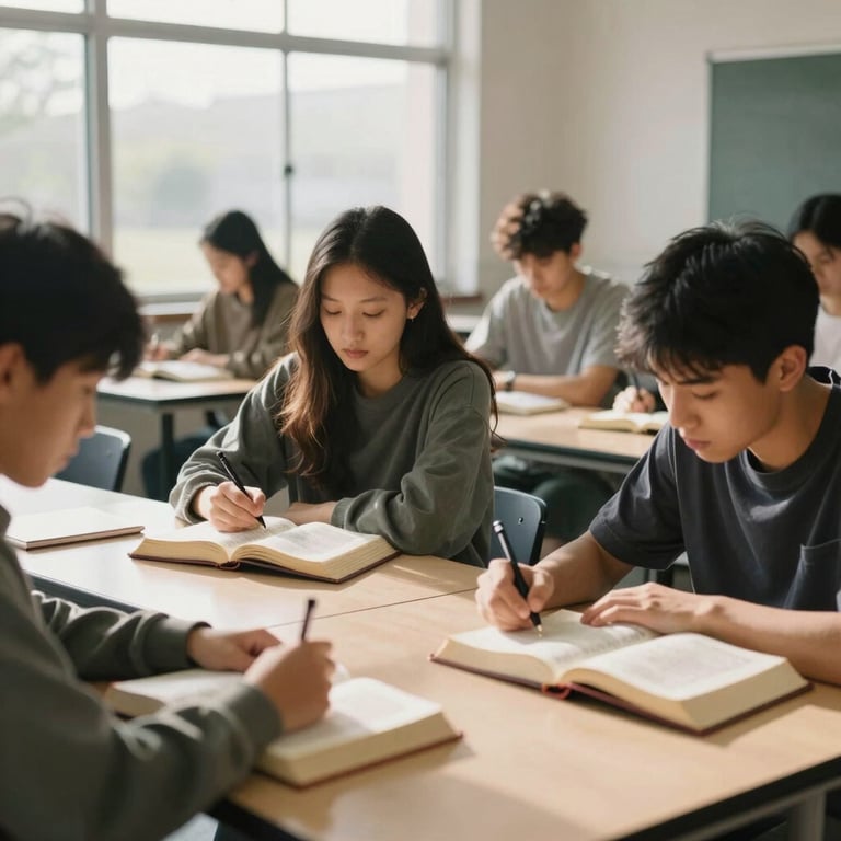 A group of North American / US students studying the Bible in a sunlit classroom with large windows.