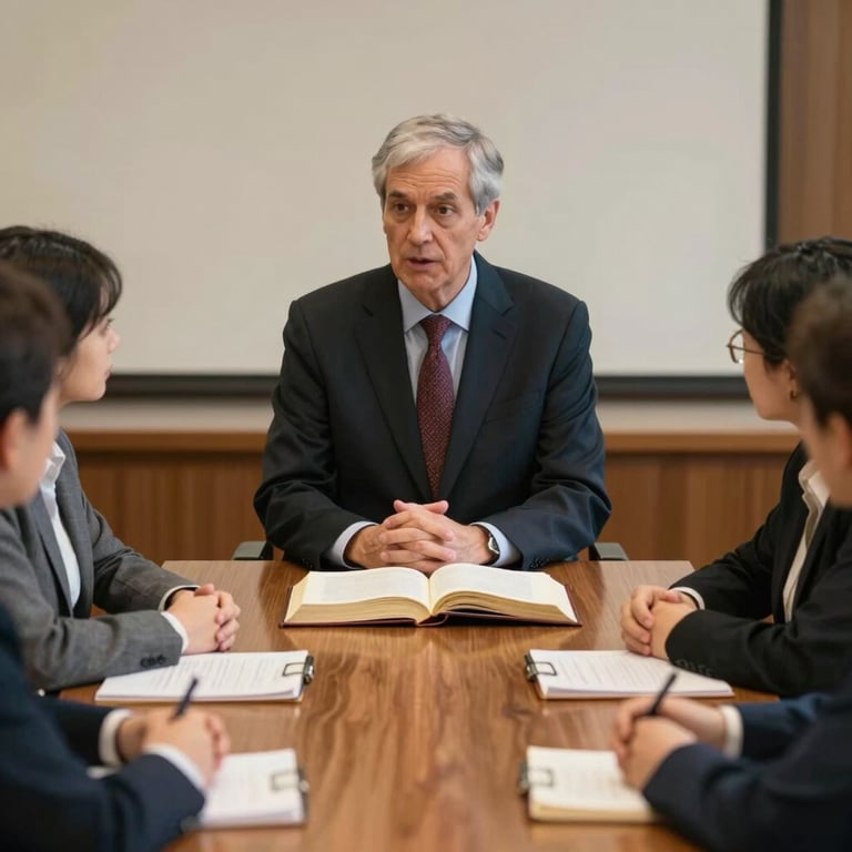A professor in a traditional academic setting leading a seminar group with an open Bible on a wooden table, North American / US.