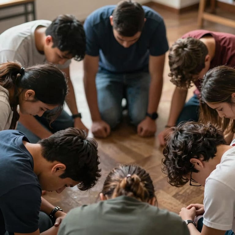 A close-up of students in a circle with bowed heads during a prayer meeting in a warm, indoor setting, North American / US.
