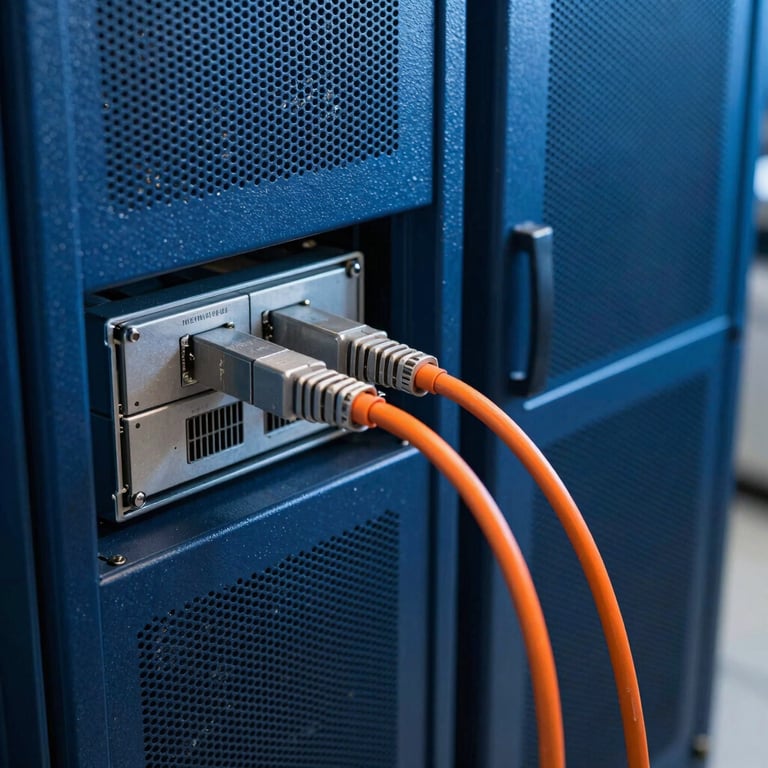 A high-contrast photo of an orange cable connecting two industrial blue servers, representing seamless integration.