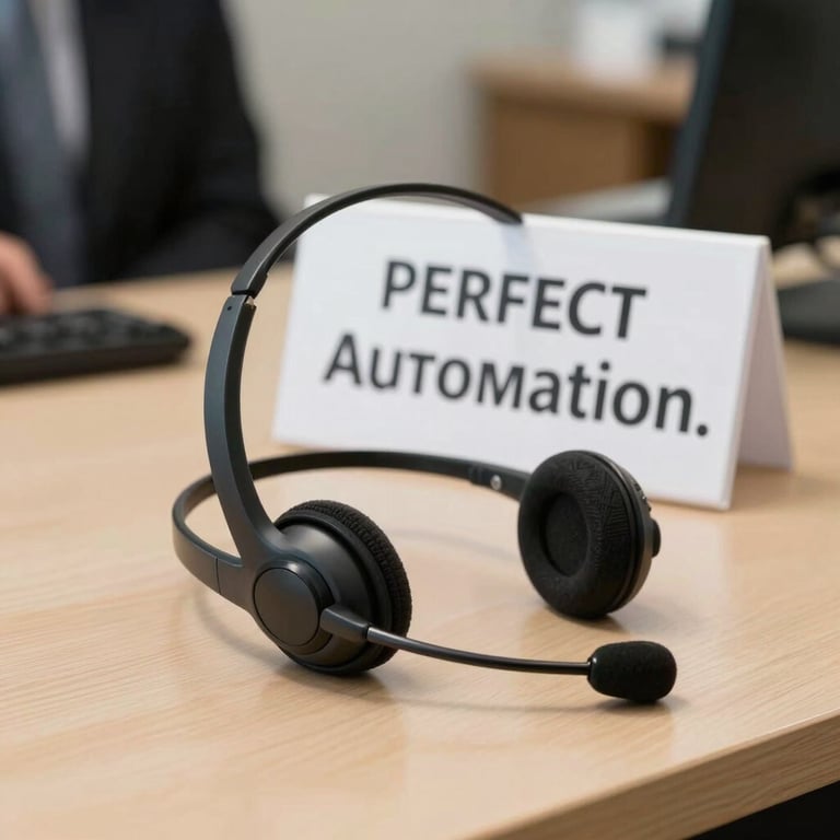 A professional receptionist's desk with a high-end headset, empty but organized, signifying perfect automation.
