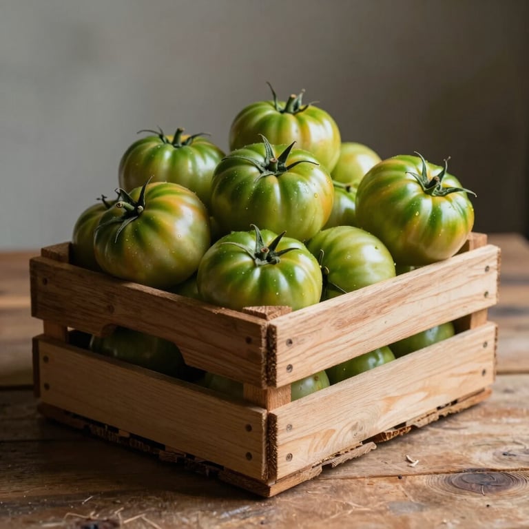 A wooden crate overflowing with green heirloom tomatoes sitting on a rustic table, soft side-lighting casting long shadows.
