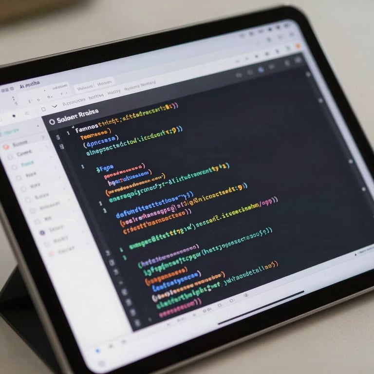 Close-up of a digital tablet displaying software code and project management tools in a bright, professional setting.