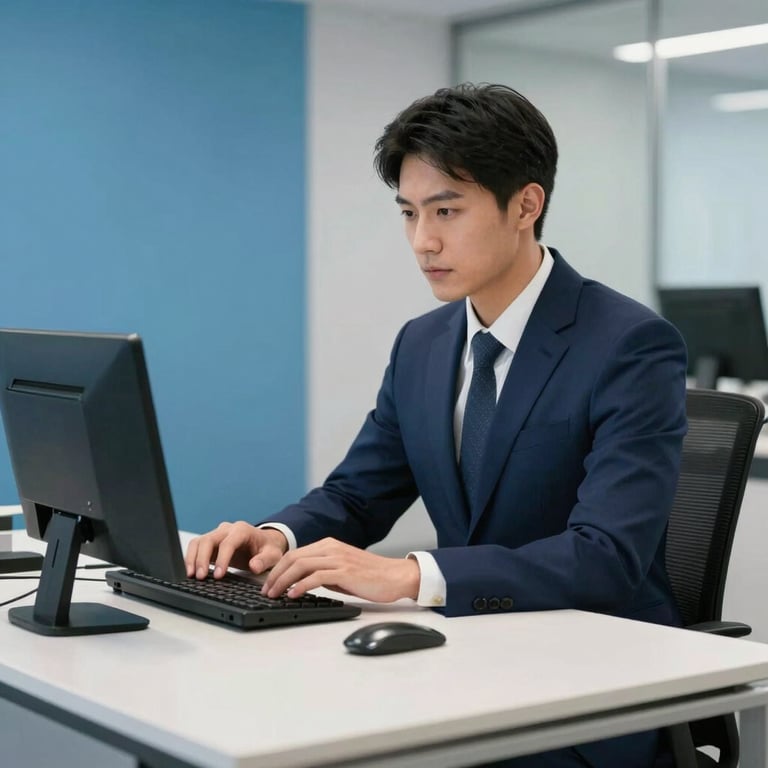 A North American professional in a modern office, wearing a navy blue suit, working at a clean desk with sky blue accents.