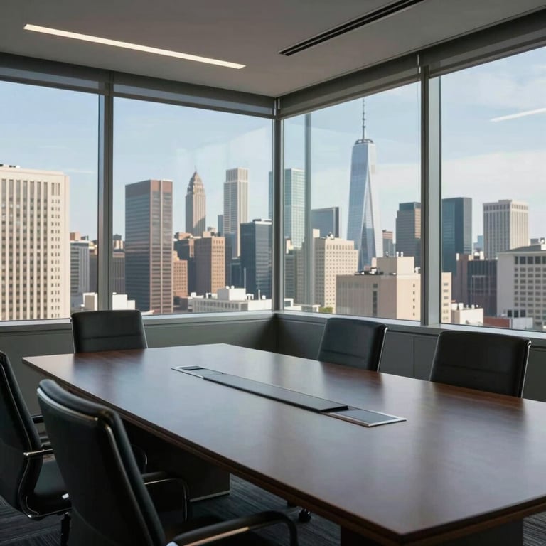 A sleek corporate boardroom in a US skyscraper overlooking a metropolitan skyline through large windows during a clear day.
