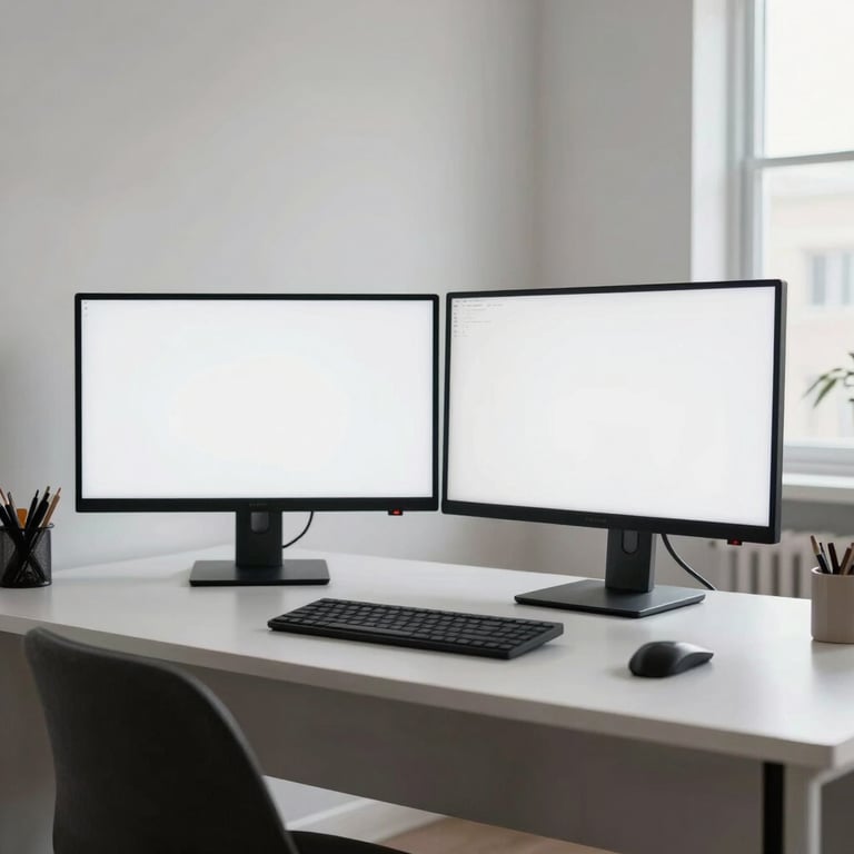A minimalist and bright home office setup with dual monitors, located in a contemporary North American apartment.