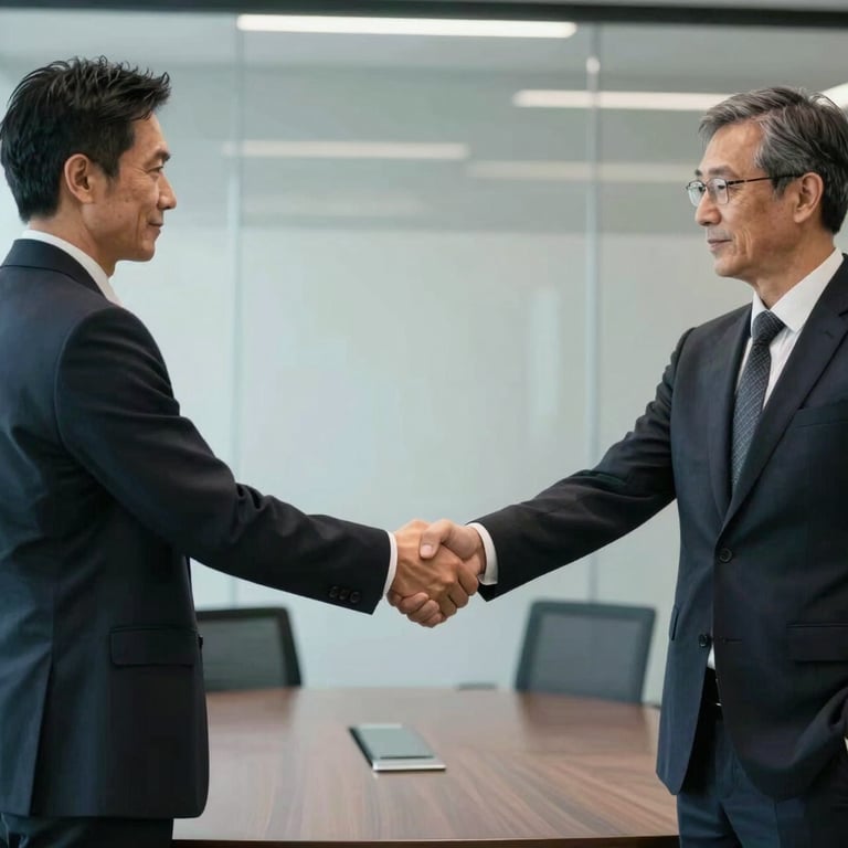 A professional handshake between two business partners in a glass-walled conference room with a clean, efficient atmosphere.