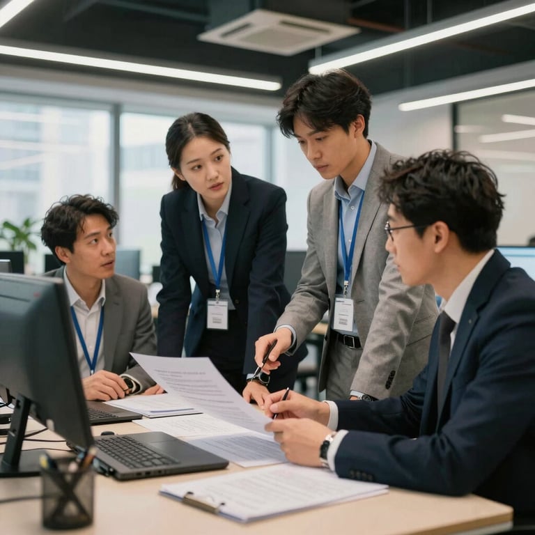 A collaborative team of IT specialists discussing a project in a modern US office hub with professional attire.