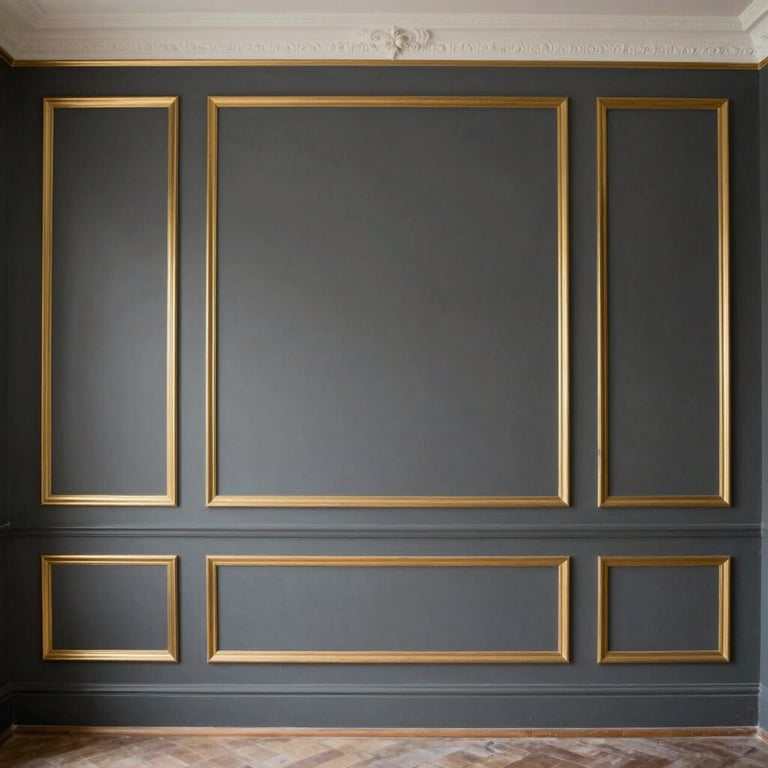 A masterfully painted interior wall in deep gray with fine gold trim, showcasing professional renovation work in a German home.