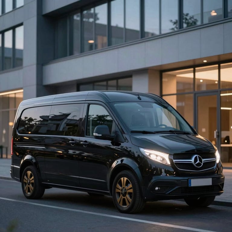 A sleek black transport van with gold branding parked in a modern German urban environment at twilight, luxury lighting.