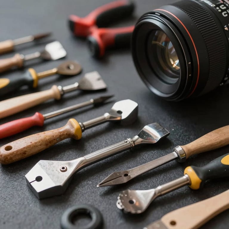 Macro shot of professional painting and renovation tools arranged neatly on a dark surface, representing high standards.