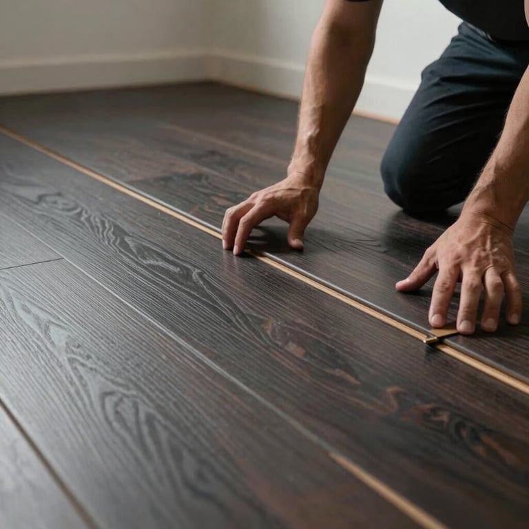 Close-up of a professional laying dark, high-quality wooden flooring in a minimalist room, highlighting precision.