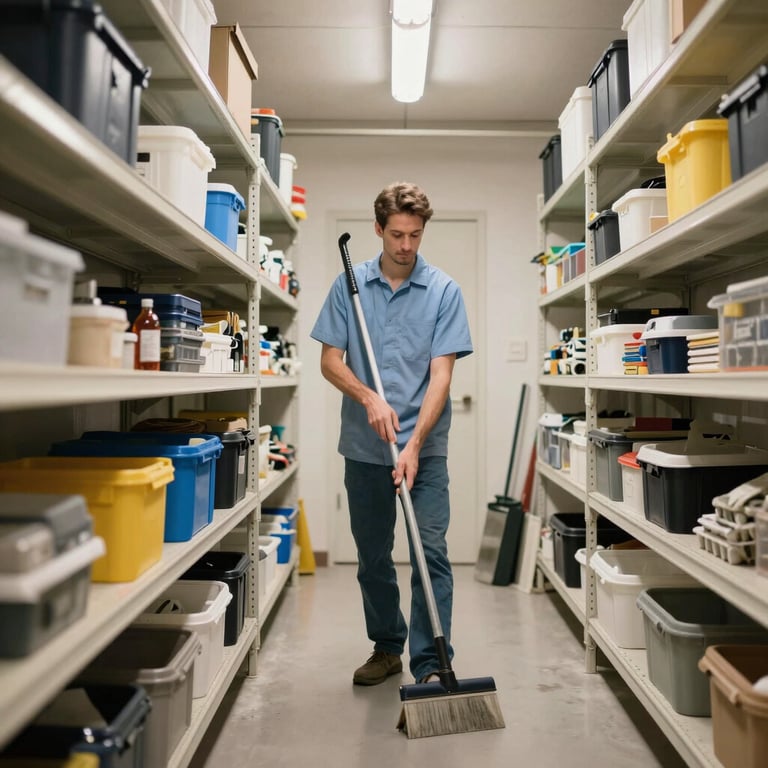 An impeccably clean and organized basement storage room after a professional clearing service, bright and tidy.