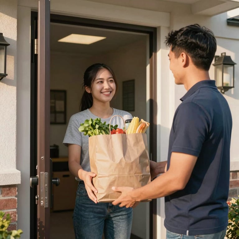 A happy customer at the door of a modern North American / US townhouse receiving a delivery of grocery bags, the scene bathed in warm morning light.