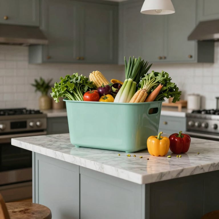Interior of a modern North American / US kitchen where a person is unpacking fresh groceries onto a marble island, featuring Soft Pistachio accents.