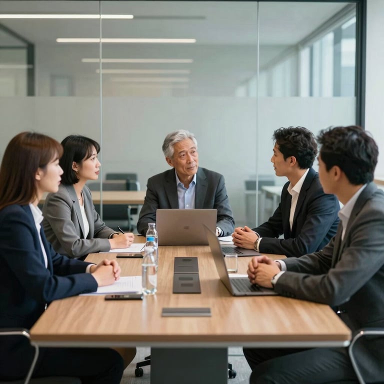 A group of diverse professionals in smart casual attire having a strategic meeting in a glass-walled conference room.