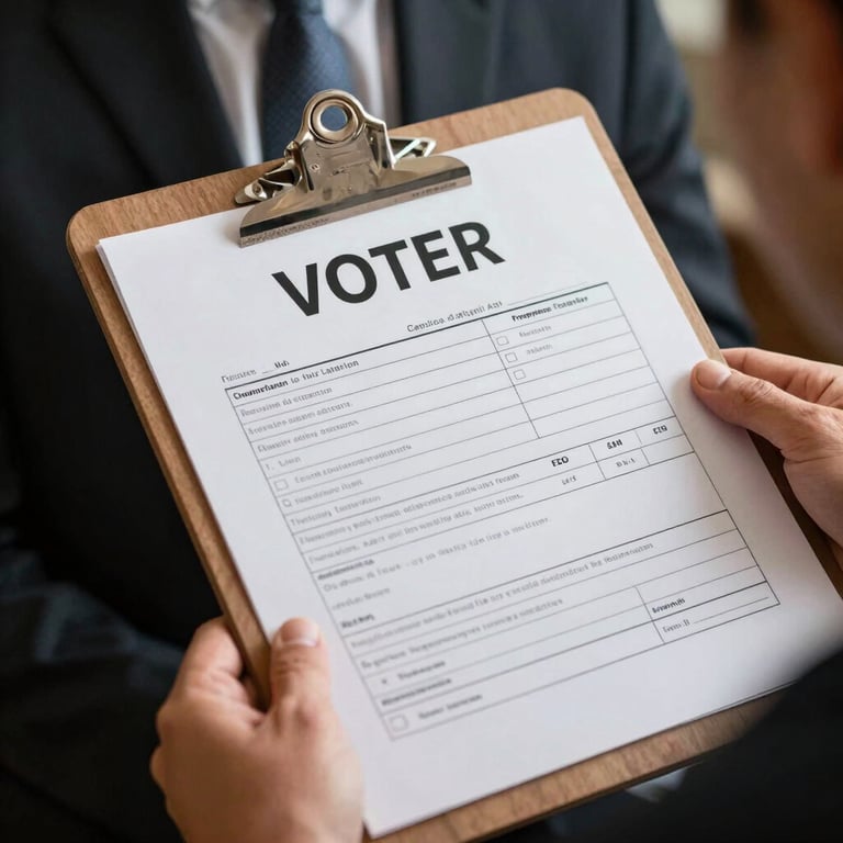 A detailed shot of a voter registration form on a wooden clipboard, held by a person in a professional suit.