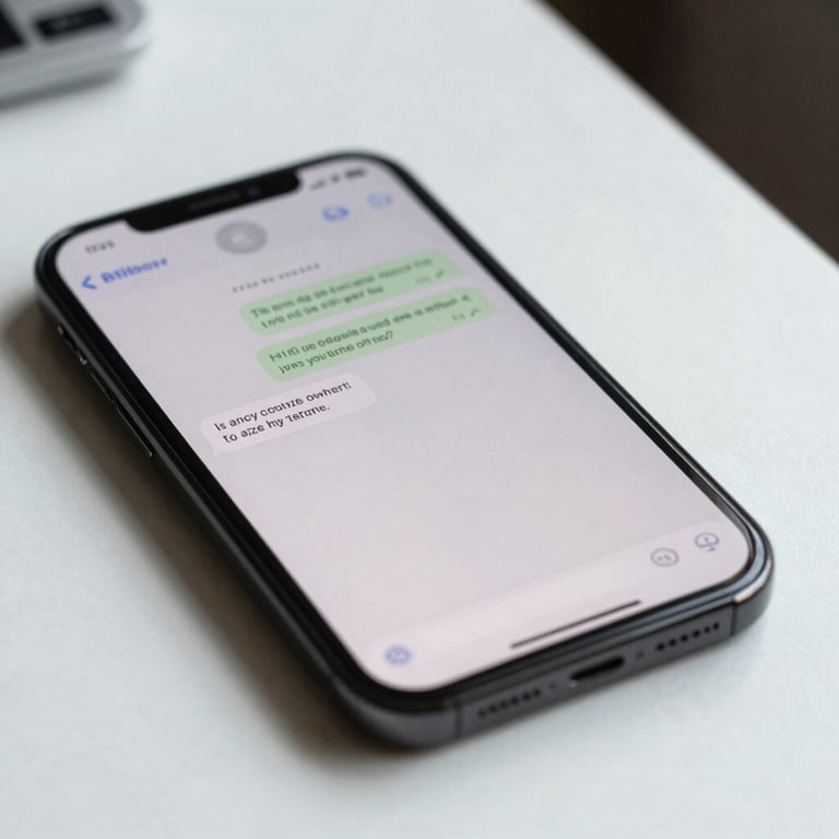 Macro shot of a smartphone screen showing a text message notification on a clean white desk, professional lighting.