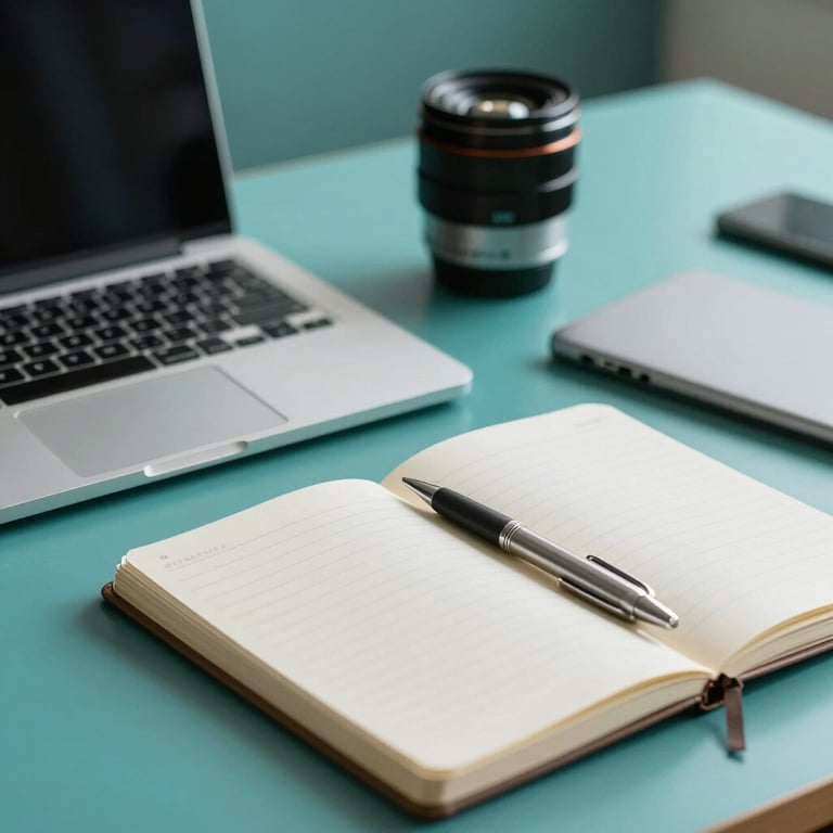 An organized campaign workspace with a laptop, notebook, and silver pen on a desk lit with professional teal tones.