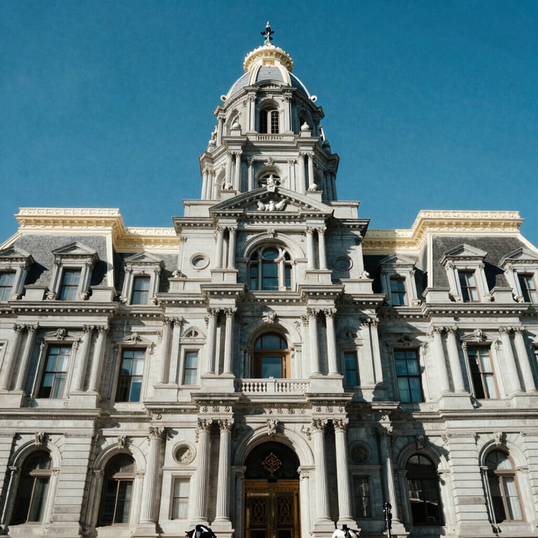 An architectural shot of a city hall building in a North American city during the day with a clear blue sky.