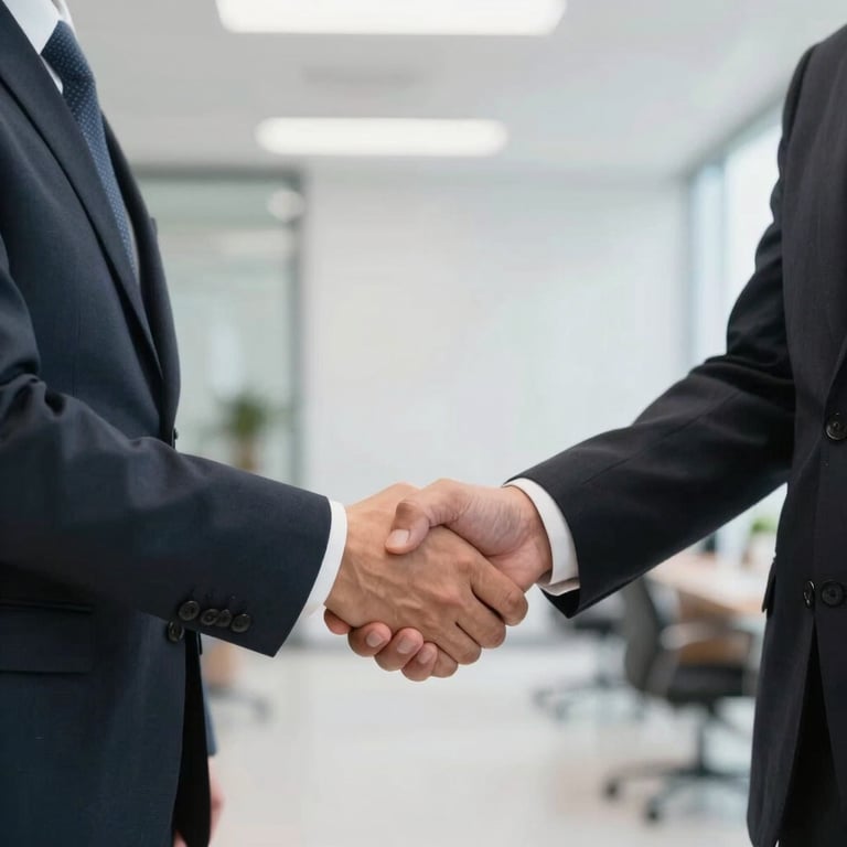 Professional handshake between two people in business attire in a bright, modern North American campaign office setting.