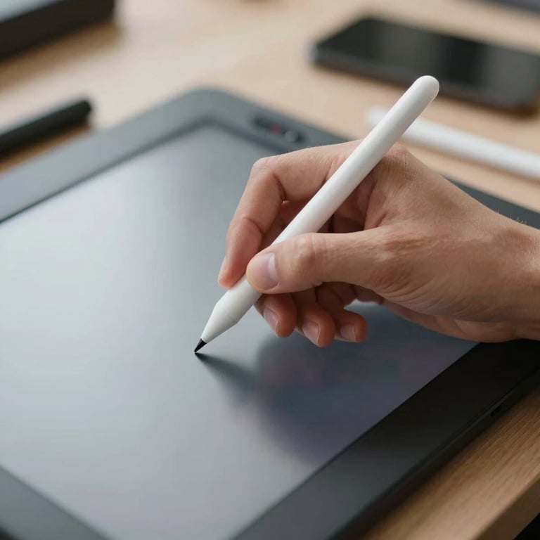 A close-up of a designer's hand using a stylus on a screen in a modern studio, international setting, bright and innovative mood.