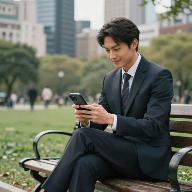 A person in professional attire sitting on a park bench in a global metropolitan area, holding a smartphone and smiling slightly.