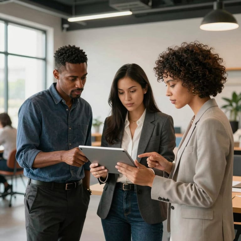 Three diverse professionals collaborating over a tablet in a bright co-working space with modern, purposeful furniture.