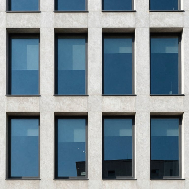 An abstract architectural shot of a modern building facade with clean lines and large windows reflecting a clear blue sky.