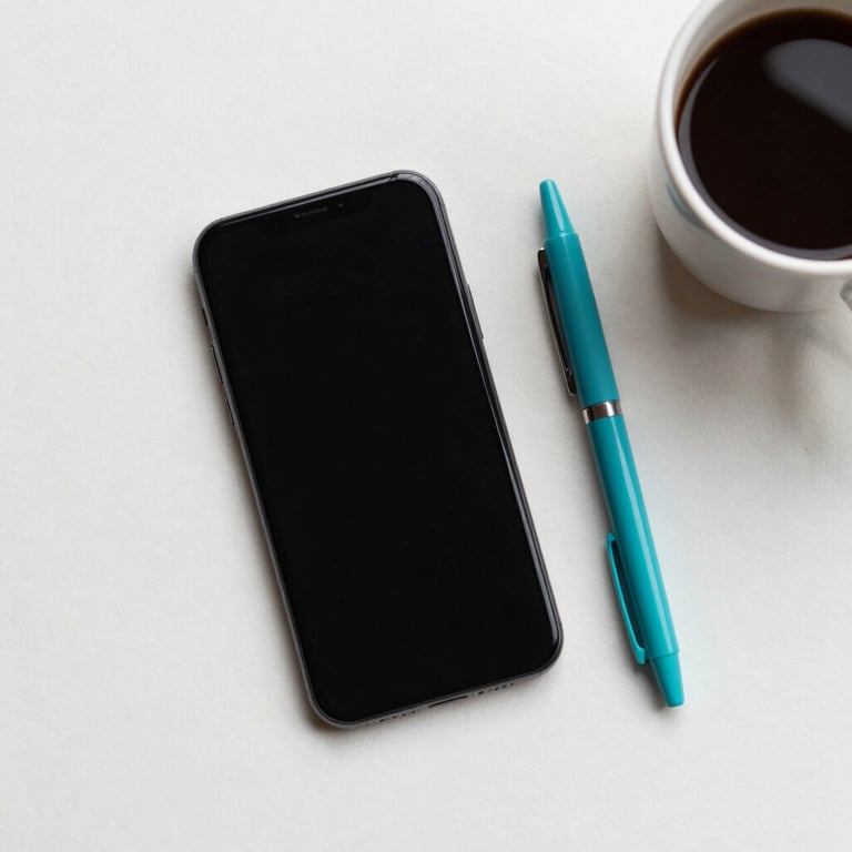 A clean, minimalist flat-lay of a smartphone, a cup of coffee, and a cyan pen on an off-white textured surface, soft natural lighting.