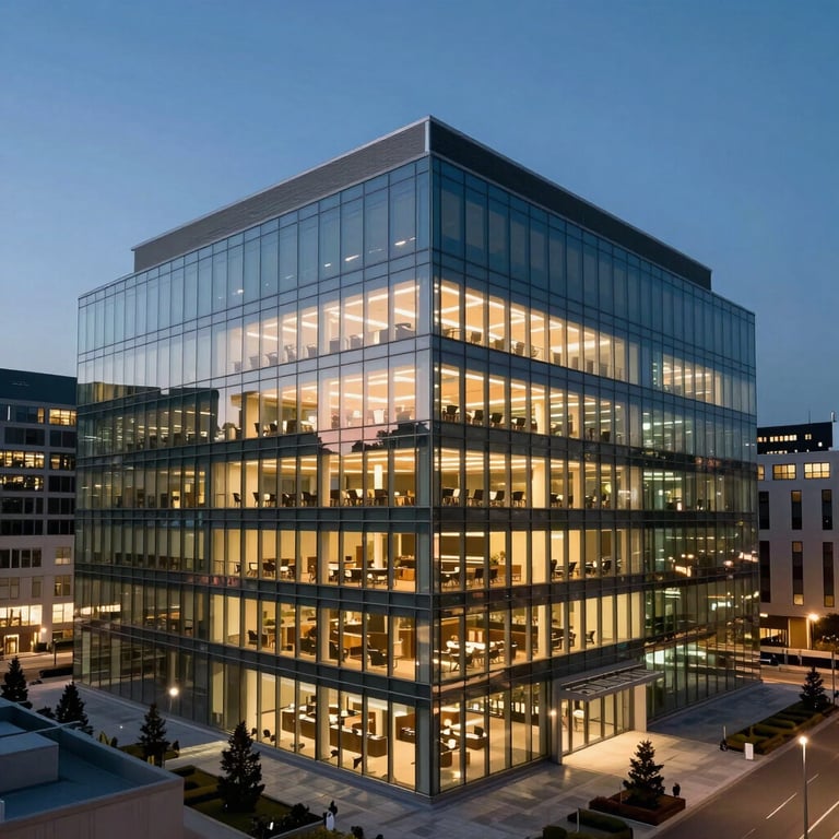 A wide shot of a glass-walled tech office in an international city at twilight, glowing with warm internal lights and slate blue shadows.