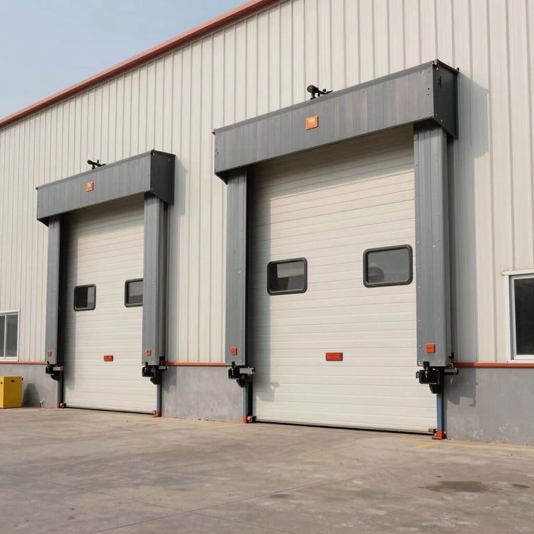 Heavy-duty industrial overhead doors at a large commercial warehouse facility, Off White walls.