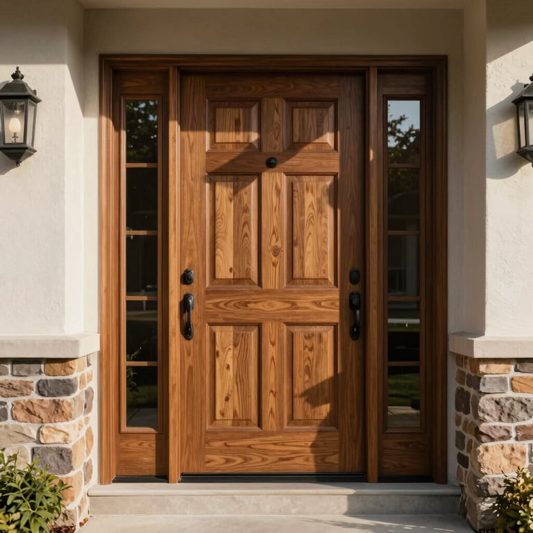 An elegant residential wooden front door with high-end fixtures, sunny afternoon lighting, North American / US neighborhood.