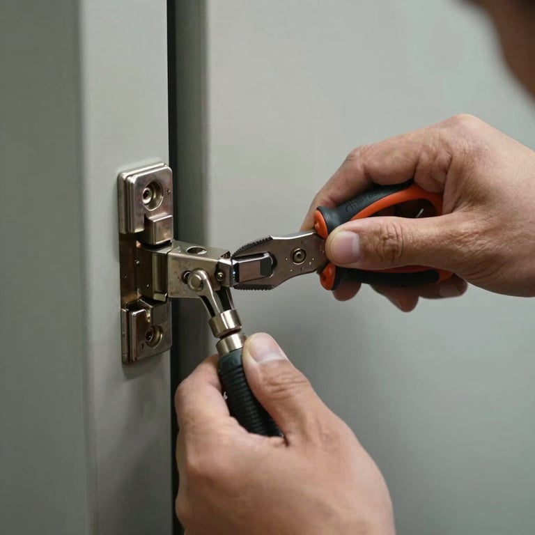 A close-up of a skilled technician repairing a heavy commercial door hinge, focus on tools and hands.