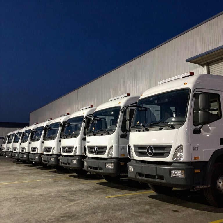 A line of service vehicles ready for dispatch outside a door manufacturing facility, Dark Blue sky.