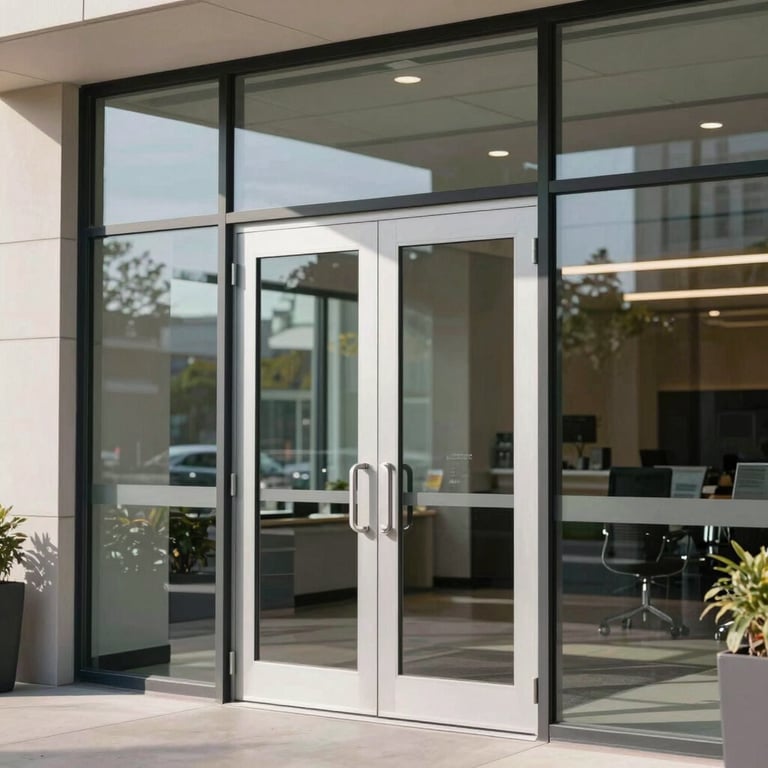 Modern commercial glass entrance doors, professional daylight lighting, North American / US corporate setting.