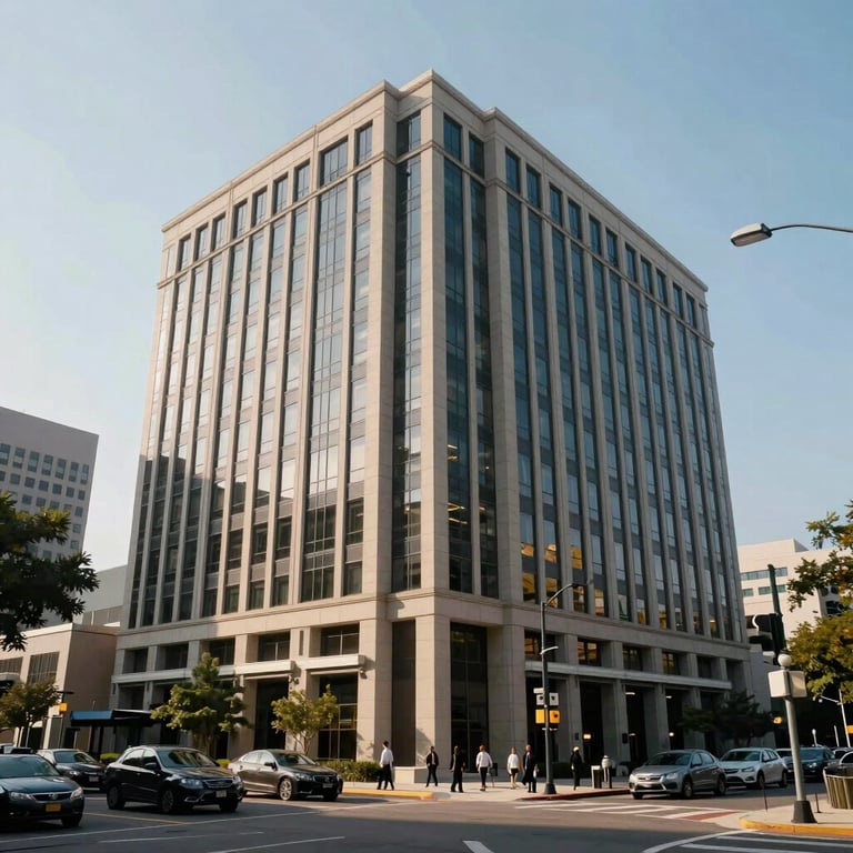 The exterior of a large company headquarters building, bustling daytime atmosphere, North American / US.