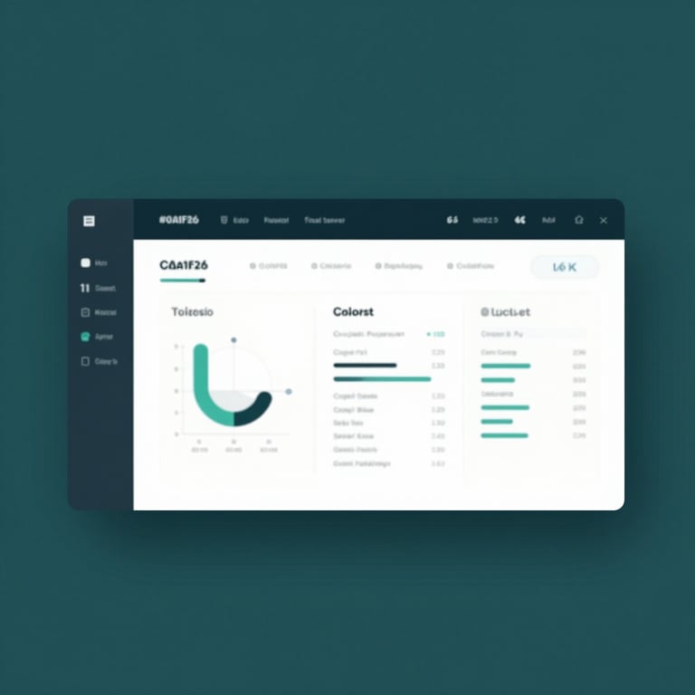 A minimalist web dashboard interface featuring clean lines, dark teal accents (#0A1F26), and technical data visualizations.
