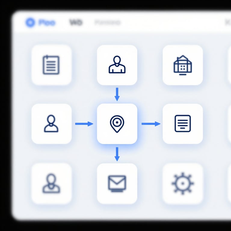 A technical architecture diagram for a web application, styled with professional icons and thin line art on a light background.