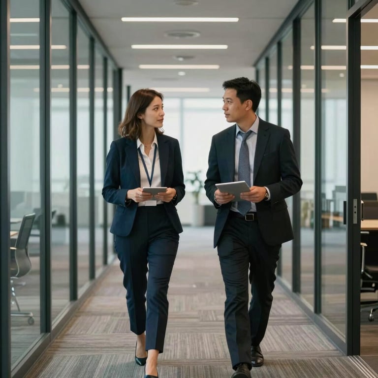 Two professionals walking through a modern glass-walled office corridor in the US, engaged in a focused business conversation.