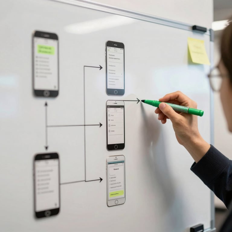 A close-up of a brainstorming whiteboard in a creative North American agency, filled with mobile app flowcharts and modern green markers.