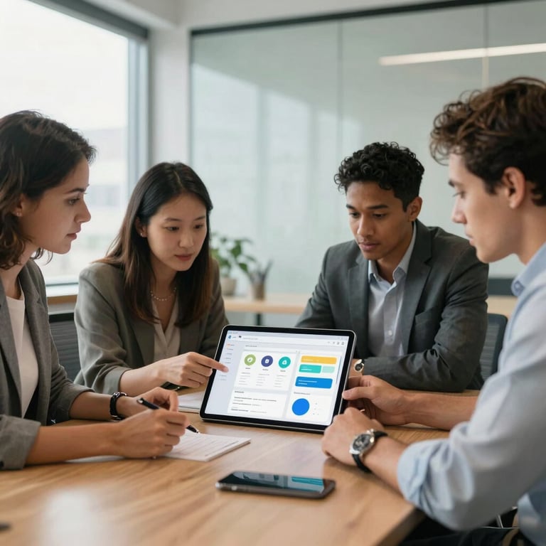 A group of diverse professionals in a modern North American boardroom discussing mobile app UI design on a large tablet, bright and airy lighting.