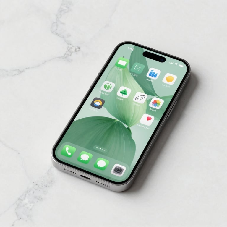 A sleek, silver smartphone sitting on a white marble surface, displaying a clean and sophisticated app interface with mint grove color schemes.