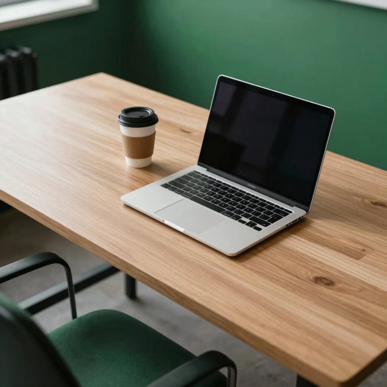 A high-angle shot of a minimalist wooden desk with a laptop and a coffee cup in a bright North American startup office, featuring deep forest green accents.