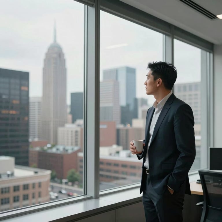A professional in a modern office looking out a large window at a North American city skyline, reflecting on strategy and digital growth.