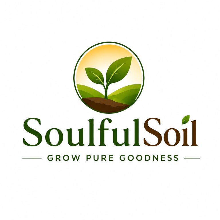 SoulfulSoil gardening and sustainable living logo featuring a growing seedling, organic soil, and th